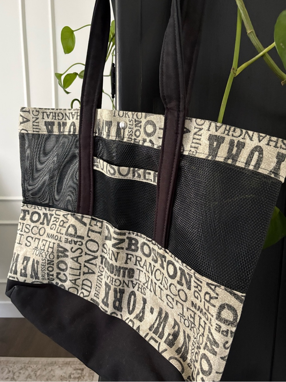 City Print Tote Bag in Black and Natural